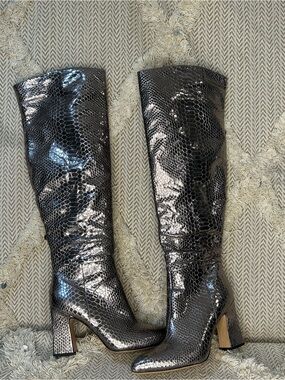 Michael Shannon Metallic Black Snake-Embossed Over-the-Knee Boots